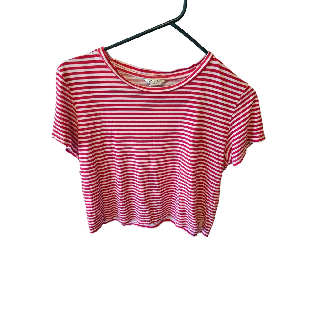 Monki Womens Red White Striped Crop Top Short Sleeve Crew Neck Tee Small